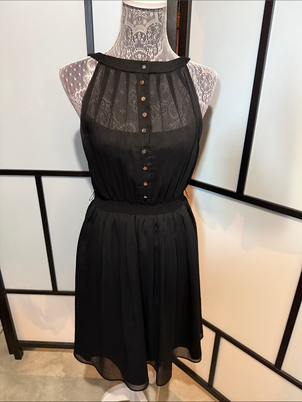White House Black Market Black Sleeveless Halter Mini Dress with Lace Yoke